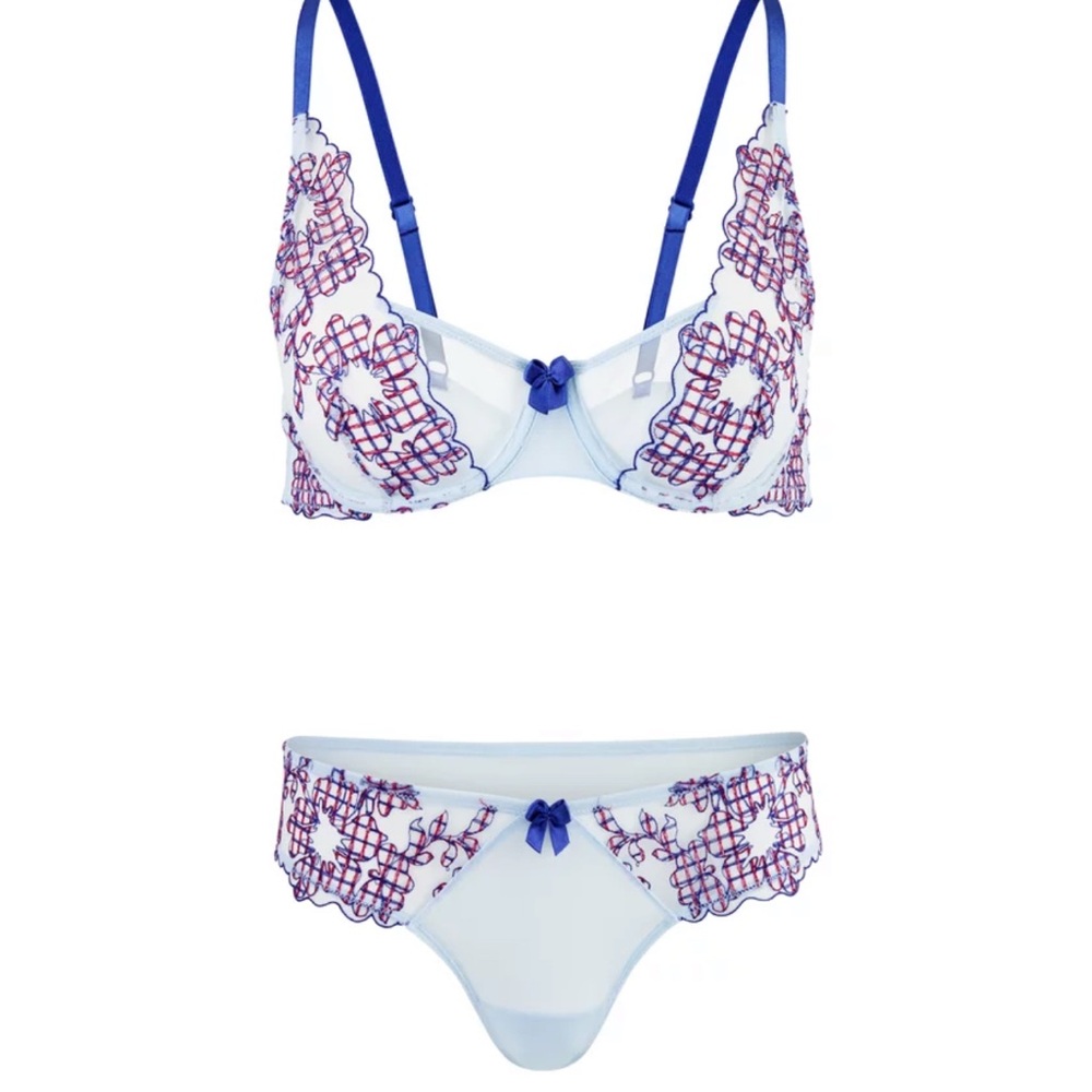 NWT Adore Me Blue Floral Embroidered Unlined Bra Set 32B and Panty Sz Small